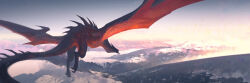 Rule 34 | animal focus, commentary, dragon, english commentary, fantasy, from above, gradient sky, grey sky, highres, landscape, mountain, no humans, original, outdoors, richardlay, river, scenery, sky, solo, spikes, spread wings, tail, water, western dragon, wyvern