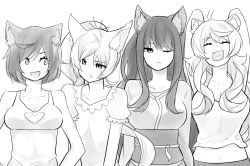 Rule 34 | 4girls, animal ears, arms up, bare shoulders, blake belladonna, breasts, cat ears, cat girl, cleavage, closed eyes, collarbone, commentary, english commentary, greyscale, hair between eyes, heart, heart in mouth, heart print, kemonomimi mode, large breasts, long hair, long sleeves, looking at another, looking at viewer, midriff, monochrome, multiple girls, nachocobana, navel, obi, one eye closed, open mouth, ruby rose, rwby, sash, short hair, short sleeves, sleepwear, sleeveless, stretching, upper body, weiss schnee, yang xiao long