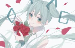 Rule 34 | 1girl, bare shoulders, blush, bouquet, closed mouth, collared shirt, falling petals, floating hair, flower, frilled shirt, frills, from side, green eyes, green hair, green necktie, hatsune miku, highres, holding, holding bouquet, long hair, looking at viewer, necktie, petals, red flower, red rose, ringed eyes, rose, shirt, simple background, sleeveless, sleeveless shirt, smile, solo, tsuki mitsu, upper body, very long hair, vocaloid, white background, white shirt
