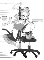 Rule 34 | 1girl, animal ear headphones, animal ears, blue archive, blush, cat tail, chair, fake animal ears, greyscale, halo, headphones, highres, jacket, long sleeves, momoi (blue archive), monochrome, open mouth, pretty mundane, short hair, simple background, solo, speed lines, tail, thighhighs, two-sided fabric, two-sided jacket, white background, wide sleeves