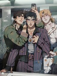Rule 34 | 3boys, aqua eyes, battle tendency, belt, black hair, black nails, blonde hair, blue eyes, bracelet, brown hair, cellphone, commentary request, dio brando, earrings, fingernails, frown, graffiti, highres, holding, holding phone, jacket, jewelry, jojo no kimyou na bouken, joseph joestar, joseph joestar (young), korean commentary, kuujou joutarou, leaning on person, male focus, mirror, mm jjba, multiple boys, nail polish, necklace, pants, parted lips, phone, red eyes, red stone of aja, reflection, restroom, ring, sharp fingernails, signature, smartphone, smile, stardust crusaders, sticker, striped clothes, striped jacket, striped pants, suzi q, watch, wristwatch