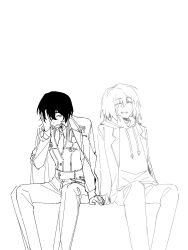 Rule 34 | 1boy, 1girl, closed eyes, coat, coat on shoulders, collared shirt, dongbaek (project moon), greyscale, hand on own face, hand up, highres, holding hands, hood, hood down, hoodie, ivy (675671), limbus company, monochrome, necktie, open mouth, pants, project moon, shirt, sitting, smile, vest, yi sang (project moon)