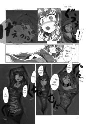 Rule 34 | 2girls, animal ears, burp, copyright request, dialogue box, drill hair, finger to mouth, fingernails, fox ears, fox girl, fox tail, giant, giantess, greyscale, highres, imaizumi kagerou, japanese clothes, japanese sfx, kimono, monochrome, monster girl, multiple girls, stomach growling, tail, throat lining, utopia, vore, wakasagihime