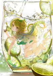 Rule 34 | 1girl, :q, barefoot, cup, food, from side, fruit, full body, glass, green eyes, green hair, ice, in container, in cup, lime (fruit), long hair, matching hair/eyes, mini person, minigirl, mint, original, repi, solo, submerged, tongue, tongue out, underwater, water drop, water gun
