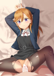 Rule 34 | 1boy, 1girl, arms up, bar censor, bed sheet, belt, belt buckle, black pantyhose, blonde hair, blush, buckle, censored, closed mouth, clothed female nude male, crying, crying with eyes open, dot nose, from above, hetero, long hair, long sleeves, looking at viewer, love live!, love live! superstar!!, lying, nude, on back, on bed, panties, panties under pantyhose, pantyhose, penis, pov, purple eyes, pussy, rape, sex, shibuya kanon, solo focus, spread legs, tears, torn clothes, torn legwear, toyasu aina, underwear, vaginal