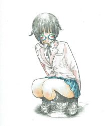 Rule 34 | 1girl, arms behind back, black footwear, black hair, black ribbon, black socks, blue-framed eyewear, blue skirt, blush, braid, breast pocket, collared shirt, constricted pupils, embarrassed, fangs, female focus, flat chest, full body, glasses, green eyes, jacket, kneehighs, knees together feet apart, long sleeves, looking to the side, miniskirt, neck ribbon, open mouth, original, pee, peeing, peeing self, pleated skirt, pocket, puddle, red jacket, ribbon, rinshoku, round eyewear, school uniform, shirt, shoes, short hair, simple background, skirt, smile, socks, solo, squatting, sweat, traditional media, twin braids, two side up, white background, white shirt