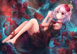 Rule 34 | 1girl, :o, ankle ribbon, aqua eyes, bad id, bad pixiv id, bare legs, bare shoulders, barefoot, black dress, black skirt, dress, feet, flower, from above, from side, full body, hair flower, hair ornament, heterochromia, leg ribbon, looking at another, looking at viewer, maka neko, off-shoulder dress, off shoulder, original, parted lips, pink hair, red eyes, red flower, red rose, ribbon, rose, short hair, skirt, solo, sparkle, tiara