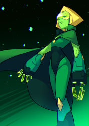 Rule 34 | 1girl, absurdres, blonde hair, cape, colored skin, flat chest, forehead jewel, green skin, high collar, highres, looking at viewer, looking down, nose, peridot (steven universe), ryuusei (mark ii), short hair, steven universe, visor