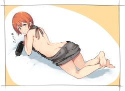 Rule 34 | 10s, 1girl, alp, ass, backless dress, backless outfit, bare back, bare shoulders, barefoot, butt crack, drawstring, dress, feet, full body, halterneck, handheld game console, highres, hoshizora rin, looking back, love live!, love live! school idol project, lying, meme attire, naked sweater, orange hair, playstation portable, ribbed sweater, short hair, solo, sweater, sweater dress, turtleneck, turtleneck sweater, virgin killer sweater, yellow eyes