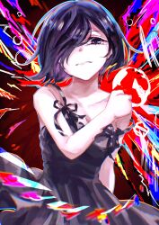 Rule 34 | 1girl, bare arms, bare shoulders, black dress, blue eyes, breasts, collarbone, dress, hair over one eye, hand on own shoulder, highres, kagune (tokyo ghoul), kirishima touka, large breasts, looking at viewer, medium breasts, multicolored background, parted lips, red background, segawa me no, short hair, solo, teeth, tokyo ghoul