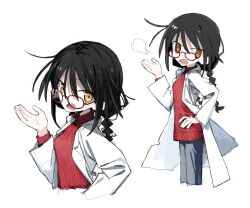 Rule 34 | 1girl, black hair, braid, coat, cropped legs, cropped torso, from side, glasses, grey pants, hand on own hip, hand up, highres, lab coat, long hair, long sleeves, looking at viewer, looking over eyewear, looking to the side, low twin braids, matonari, multiple views, null-meta, open clothes, open coat, open mouth, pants, puff of air, red sweater, ribbed sweater, sidelocks, sigh, souen chiaki, sweater, twin braids, yellow eyes
