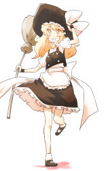 Rule 34 | 1girl, apron, bad id, bad pixiv id, blonde hair, braid, broom, hand up, hat, hat ribbon, highres, kirisame marisa, long hair, mary janes, non (z-art), open mouth, ribbon, shoes, side braid, smile, socks, solo, touhou, waist apron, witch hat, wrist cuffs, yellow eyes