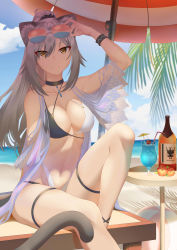 Rule 34 | 1girl, absurdres, arknights, arm up, azur lane, bare legs, bare shoulders, beach, beach umbrella, bikini, black bikini, black choker, blue sky, bottle, breasts, carolrin, cat tail, cherry, choker, cloud, cocktail umbrella, commentary, cosplay, cupping glass, day, drinking straw, english commentary, eyewear on head, feet out of frame, food, fruit, hair between eyes, highres, long hair, looking at viewer, medium breasts, multicolored bikini, multicolored clothes, navel, outdoors, ponytail, schwarz (arknights), sidelocks, silver hair, sitting, sky, smile, solo, stomach, sunglasses, sunglasses on head, swimsuit, table, tail, thigh strap, thighs, tosa (azur lane), tosa (azur lane) (cosplay), tosa (hometown zest) (azur lane), umbrella, white bikini, wristband, yellow eyes