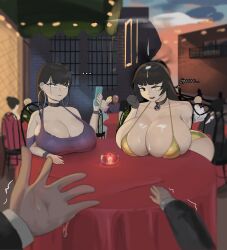 Rule 34 | 2boys, 2girls, absurdres, angry, annoyed, blurry, blurry background, booruguru, breast rest, breasts, breasts on table, bursting breasts, candle, choker, dress, earrings, english text, eyeshadow, fire, formal, goth (booruguru), half-closed eyes, highres, huge breasts, jewelry, long hair, makeup, multiple boys, multiple girls, outdoors, pov, purple dress, shiny skin, short hair, skindentation, suit, table, yellow dress