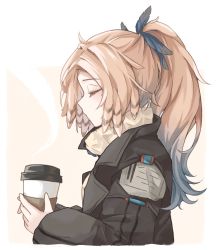 Rule 34 | 1girl, arknights, black jacket, blue hair, blush, chinese commentary, closed mouth, commentary request, cropped torso, cup, disposable cup, closed eyes, feather hair, feather hair ornament, feathers, from side, gradient hair, hair ornament, highres, holding, holding cup, jacket, liaoqingan, long sleeves, mole, mole under eye, multicolored hair, open clothes, open jacket, orange hair, pinecone (arknights), ponytail, profile, solo, steam, turtleneck, two-tone background