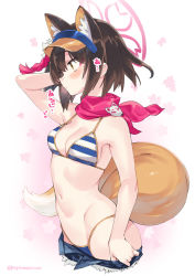 Rule 34 | 1girl, animal ear fluff, animal ears, bikini, blue archive, blush, breasts, brown hair, cleavage, clothes pull, extra ears, fox ears, fox girl, fox tail, halo, highres, izuna (blue archive), izuna (swimsuit) (blue archive), japanese text, looking at viewer, medium breasts, navel, parted lips, red scarf, scarf, short hair, shorts, shorts pull, solo, standing, stomach, string bikini, striped bikini, striped clothes, super zombie, sweat, swimsuit, tail, translation request, upper body, visor cap, yellow eyes