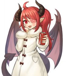 Rule 34 | 1girl, :d, absurdres, ahoge, can, coat, commentary, commission, demon girl, demon tail, demon wings, english commentary, eyepatch, fang, fur-trimmed sleeves, fur collar, fur trim, hand on own cheek, hand on own face, highres, holding, holding can, horns, long hair, long sleeves, looking at viewer, open mouth, original, pixiv commission, pointy ears, red eyes, red hair, simple background, smile, solo, sookmo, tail, white background, white coat, wings