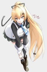 Rule 34 | .live, 1girl, :&lt;, absurdres, alternate costume, alternate hairstyle, blonde hair, commentary request, dated, gashitani, gloves, green eyes, hair ornament, hairclip, highres, kongou iroha, long hair, ponytail, signature, simple background, single thighhigh, solo, thighhighs, virtual youtuber, white background, white gloves
