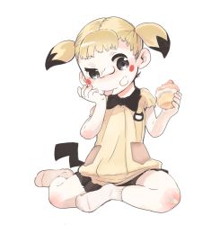 Rule 34 | 1girl, :p, bad id, bad pixiv id, bandaid, bandaid on knee, bandaid on leg, black bow, black bowtie, black eyes, blonde hair, blush stickers, bow, bowtie, creatures (company), dress, eating, food, food on face, game freak, gen 2 pokemon, hand up, hands up, hare (tetterutei), highres, holding, licking, licking hand, nintendo, no nose, personification, pichu, pokemon, pokemon tail, short dress, short eyebrows, short hair, short sleeves, simple background, sitting, socks, solo, tail, tongue, tongue out, twintails, uneven eyes, white background, white socks, yellow dress