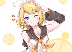 Rule 34 | 1girl, arm behind back, bare shoulders, blonde hair, blue eyes, bow, detached sleeves, gray ceon, grin, hair bow, hair ornament, hairclip, headset, highres, kagamine rin, lemon print, light blush, looking at viewer, medium hair, microphone, one eye closed, sailor collar, salute, smile, solo, straight-on, swept bangs, teeth, upper teeth only, vocaloid