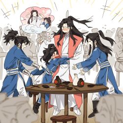 Rule 34 | +++, 4boys, alcohol, black footwear, blush, boots, brown hair, bujang, chinese clothes, chopsticks, chu wanning, closed eyes, cloud, crowd, drunk, erha he tadebai mao shizun, flying sweatdrops, food, full body, hagoromo, half updo, hanfu, high ponytail, hug, korean commentary, long hair, long sleeves, looking at another, male focus, mo ran, multiple boys, open mouth, pulling another&#039;s clothes, shawl, shi mei, smile, sparkle, stool, sweatdrop, table, thought bubble, white background, wide sleeves, xiao guan (headdress), xue meng, yellow eyes