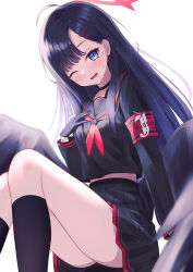 Rule 34 | 1girl, absurdres, armband, black choker, black gloves, black hair, black socks, black wings, blue archive, blush, breasts, choker, commentary, cpk prd, feet out of frame, gloves, hair ornament, hairclip, halo, highres, ichika (blue archive), long hair, long sleeves, looking at viewer, low wings, medium breasts, midriff, navel, one eye closed, open mouth, sailor collar, school uniform, serafuku, simple background, sitting, skirt, smile, socks, solo, sweatdrop, white background, wings