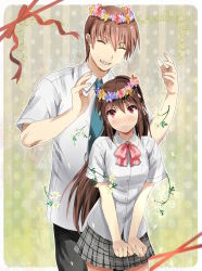 Rule 34 | 1boy, 1girl, absurdres, bad id, bad pixiv id, bow, brother and sister, brown hair, closed eyes, head wreath, height difference, highres, little busters!, long hair, natsume kyousuke, natsume rin, pink bow, ponytail, red eyes, sakamuke, school uniform, short hair, siblings