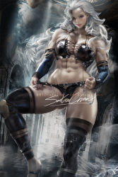 Rule 34 | 1girl, abs, artist name, boots, breasts, character name, corset, dorohedoro, earrings, gloves, jewelry, large breasts, long hair, looking at viewer, muscular, muscular female, navel, noi (dorohedoro), panties, patreon username, red eyes, sakimichan, signature, smile, solo, thighhighs, underwear, watermark, web address, white hair