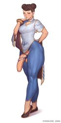 Rule 34 | 1futa, arm behind back, asura (asurauser), biting own lip, blue pants, bracelet, breasts, brown eyes, brown hair, capcom, chest cutout, chinese clothes, chun-li, clothes lift, double bun, flaccid, flats, foreskin, full body, futanari, hair bun, hair ribbon, heart, heart-shaped pupils, highres, huge penis, jewelry, looking at viewer, medium breasts, pants, pelvic curtain, pelvic curtain lift, penis, ribbon, simple background, solo, standing, street fighter, street fighter 6, symbol-shaped pupils, testicles, thick thighs, thighs, tight clothes, tight pants, torn clothes, torn legwear, uncensored, white background