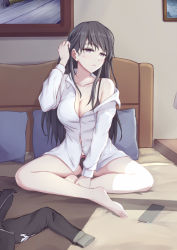 Rule 34 | 1girl, adjusting hair, bare legs, barefoot, bed, bed frame, black bra, black hair, black panties, blanket, bow, bow panties, bra, breasts, cellphone, cleavage, collared shirt, commentary request, drawing (object), dress shirt, full body, half-closed eyes, head tilt, highres, indian style, indoors, large breasts, long hair, long sleeves, looking at viewer, no pants, off shoulder, original, panties, parted lips, phone, pillow, pink panties, purple eyes, shirt, sitting, smartphone, solo, straight hair, underwear, white shirt, wing collar, yunkaiming