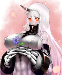 Rule 34 | 10s, 1girl, abyssal ship, ahoge, blush, breasts, claws, colored skin, detached sleeves, dress, covered erect nipples, female focus, flower, highres, hobby (kento), horns, kantai collection, large breasts, long hair, orange eyes, pale skin, ribbed dress, seaport princess, sideboob, single horn, smile, solo, upper body, very long hair, white hair, white skin