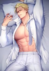 Rule 34 | 1boy, abs, bara, bed, blonde hair, cowboy shot, d-red, kray foresight, lying, male focus, manly, muscular, navel, on back, pants, pectorals, pillow, promare, short hair, solo, undressing, upper body
