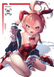 Rule 34 | 1girl, ahoge, animal ears, bandaid, bandaid on leg, bare legs, blue archive, bow, bowtie, braid, breasts, commentary request, covered navel, detached collar, fake animal ears, floral print, halo, high heels, highres, jacket, kuromu (96-94), leotard, mole, mole under each eye, mole under eye, multiple moles, nail polish, neru (blue archive), neru (bunny) (blue archive), pantyhose, pink hair, playboy bunny, rabbit ears, rabbit tail, red bow, red bowtie, red eyes, red footwear, red leotard, shoes, short hair, single shoe, sitting, small breasts, solo, strapless, strapless leotard, tail, traditional bowtie, unworn shoe, unworn shoes, wariza, white background, wrist cuffs