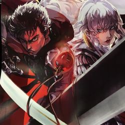 Rule 34 | 2boys, androgynous, armor, berserk, black eyes, black hair, blood, blue eyes, closed mouth, commentary, dragonslayer (sword), english commentary, floating hair, griffith (berserk), guts (berserk), huge weapon, lips, long hair, looking at viewer, male focus, multiple boys, one eye closed, painttool sai (medium), red lips, scar, scar on face, scar on nose, serious, short hair, sword, upper body, wavy hair, weapon, white hair, zzyzzyy
