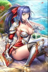 Rule 34 | absurdres, armor, blue hair, breasts, cuboon, evertale, green eyes, highres, large breasts, long hair, looking at viewer, revealing clothes, solo, thighs