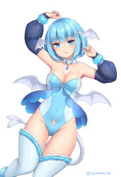 Rule 34 | 1girl, bare shoulders, belt collar, blue eyes, blue hair, blue leotard, blue nails, blue thighhighs, blush, breasts, cleavage, closed mouth, collar, commentary, detached sleeves, fingernails, hands up, head wings, leotard, long sleeves, looking at viewer, medium breasts, mini wings, nail polish, original, sasaame, short hair, simple background, smile, solo, tail, thighhighs, twitter username, white background, wings