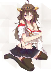Rule 34 | 10s, 1girl, absurdres, ahoge, bad id, bad pixiv id, braid, breasts, brown eyes, brown hair, cleavage, hairband, highres, holding own arm, injury, japanese clothes, kantai collection, kongou (kancolle), long hair, messy hair, navel, off shoulder, panties, sitting, solo, tears, thighhighs, torn clothes, underwear, wariza, wince, wink, yuui hutabakirage