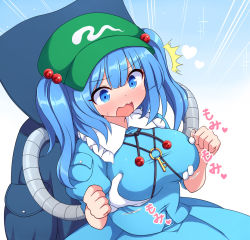 Rule 34 | 1girl, ^^^, backpack, bag, blue background, blue bag, blue dress, blue eyes, blue hair, blush, breasts, commentary request, d:, dress, emphasis lines, frilled shirt collar, frills, full-face blush, grabbing, grabbing from behind, gradient background, groping, hair bobbles, hair ornament, heart, kawashiro nitori, key, large breasts, long hair, looking down, open mouth, puffy short sleeves, puffy sleeves, rizento, short sleeves, simple background, solo, sweat, touhou, two side up, upper body, v-shaped eyebrows, wavy mouth