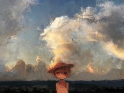 Rule 34 | 1boy, 666haorare666, bad id, bad pixiv id, cloud, cloudy sky, collarbone, commentary request, hat, looking at viewer, male focus, no nose, original, outdoors, short hair, sky, sleeveless, smile, solo, summer, tank top, upper body