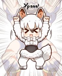 Rule 34 | &gt; &lt;, 10s, 1boy, 1girl, :d, animal ears, arms up, beard, black hair, bow, bowtie, dress, closed eyes, facial hair, frilled dress, frills, gradient hair, kemono friends, long sleeves, looking at viewer, mohawk, multicolored hair, muscular, no pupils, open mouth, pointing, pointing up, russian text, smile, southern tamandua (kemono friends), street fighter, tamandua ears, tamandua tail, tanaka kusao, underbust, white hair, wrestler, wrestling outfit, xd, zangief