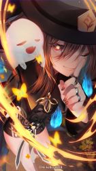 Rule 34 | 1girl, artist name, black coat, black hat, black shorts, brown hair, bug, butterfly, coat, genshin impact, ghost, hat, hat ornament, heikokuru1224, highres, hu tao (genshin impact), insect, jewelry, looking at viewer, nail polish, red eyes, ring, shorts, solo, symbol-shaped pupils, yellow butterfly
