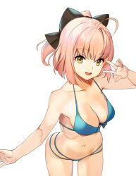 Rule 34 | 1girl, ahoge, bikini, black bow, blue bikini, bow, breasts, cleavage, fate/grand order, fate (series), hair bow, half updo, koha-ace, looking at viewer, medium breasts, navel, okita souji (fate), okita souji (koha-ace), outstretched arm, pink hair, shovelwell, simple background, smile, solo, swimsuit, v over eye, white background, yellow eyes