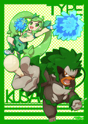 Rule 34 | 1girl, arm up, border, cheerleader, commentary request, creatures (company), crossover, game freak, gen 8 pokemon, grass miku (project voltage), green border, green eyes, green hair, green skirt, green socks, hair ornament, hatsune miku, highres, holding, holding pom poms, kneehighs, long hair, nakamu (nkm8gotsugotsu), nintendo, open mouth, outline, pokemon, pokemon (creature), pom pom (cheerleading), pom poms, project voltage, rillaboom, shirt, shoes, sidelocks, skirt, socks, teeth, tongue, twintails, upper teeth only, vocaloid, white footwear, x hair ornament, yellow shirt