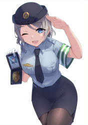 Rule 34 | 1girl, ;d, absurdres, armband, badge, black hat, black necktie, black pantyhose, blouse, blue eyes, blue hat, blue shirt, blue skirt, blush, breast pocket, breasts, collared shirt, grey hair, hair between eyes, hat, highres, id card, large breasts, looking at viewer, love live!, love live! sunshine!!, miniskirt, necktie, one eye closed, open mouth, pantyhose, pencil skirt, pocket, police, police badge, police hat, police uniform, policewoman, salute, shirt, short hair, short sleeves, side slit, simple background, skirt, smile, solo, teeth, uniform, upper teeth only, watanabe you, white background, yamaori (yamaorimon)