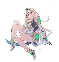 Rule 34 | 1girl, artist name, bare shoulders, blonde hair, breasts, cha niao (strxscs), cleavage cutout, closed mouth, clothing cutout, dated, dress, earrings, elbow gloves, full body, gloves, highres, jewelry, long hair, medium breasts, mythra (xenoblade), orange eyes, short dress, skindentation, solo, swept bangs, thigh strap, tiara, white background, white dress, white footwear, white gloves, xenoblade chronicles (series), xenoblade chronicles 2