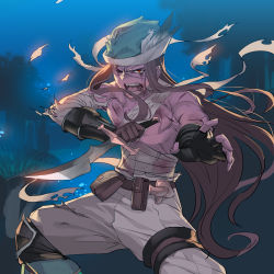 Rule 34 | 10s, 1boy, bandages, belt, brown eyes, brown hair, dagger, feathers, fingerless gloves, gloves, granblue fantasy, grass, hat, knife, long hair, male focus, night, obui, one eye closed, open mouth, red eyes, scar, topless male, solo, teeth, torn clothes, tree, walder, weapon