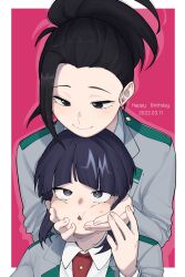 Rule 34 | 2girls, black eyes, black hair, boku no hero academia, collared shirt, dated, gift art, hair pulled back, hands on another&#039;s cheeks, hands on another&#039;s face, happy birthday, highres, jacket, jirou kyouka, long sleeves, multiple girls, necktie, parted lips, ponytail, red necktie, school uniform, shirt, short hair, smile, sweat, tongu 11, u.a. school uniform, upper body, white shirt, yaoyorozu momo