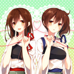 Rule 34 | 10s, 2girls, :d, akagi (kancolle), brown eyes, brown hair, green background, hand on own chest, heart, heart of string, japanese clothes, kaga (kancolle), kantai collection, long hair, multiple girls, muneate, open mouth, personification, pinky out, polka dot, polka dot background, short hair, side ponytail, smile, string, string of fate, toosaka asagi