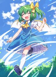 Rule 34 | ascot, black footwear, blue dress, blue sky, blue vest, bow, closed eyes, daiyousei, dress, fairy wings, green hair, hair bow, hand up, open mouth, outdoors, puffy short sleeves, puffy sleeves, running, short sleeves, side ponytail, sky, smile, socks, touhou, tree, vest, white socks, wind, wings, xox xxxxxx, yellow ascot, yellow bow