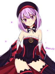 Rule 34 | 1girl, bare shoulders, belt, blush, detached sleeves, emirio (emirio110), fate/grand order, fate (series), flat chest, hat, helena blavatsky (fate), helena blavatsky (third ascension) (fate), highres, looking at viewer, open mouth, purple eyes, purple hair, short hair, smile, solo, strapless, thighhighs, twitter username